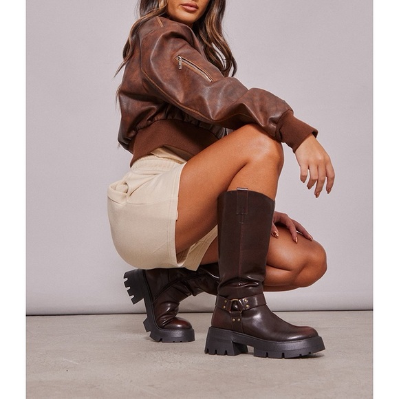 NEW PrettyLittleThing Women’s Brown Cleated Sole Buckle Mid-Calf Boot Size 10 - Picture 14 of 14